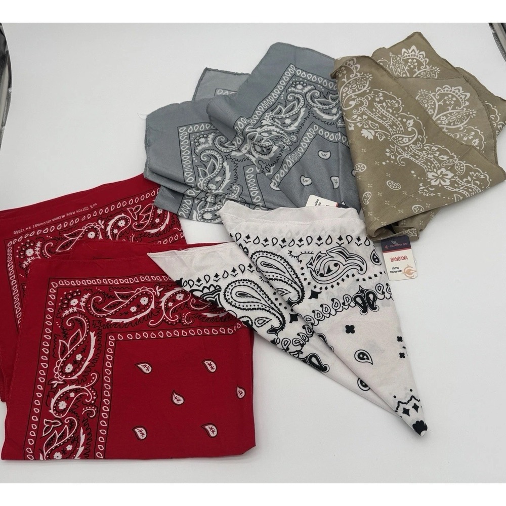 Lot Of 5 Paisley Bandanas Red Gray Tan White Western‎ Cowboy Fast Color Compass